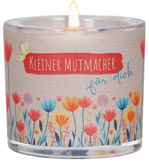 Glaswindlicht mit Blumenmotiv Ø 6,5 cm - farbig bedrucktes Windlicht, Lieferung mit Teelicht, liebevolles Geschenk für Mut und Zuversicht, Geschenkverpackung*Butzon & Bercker Clearance