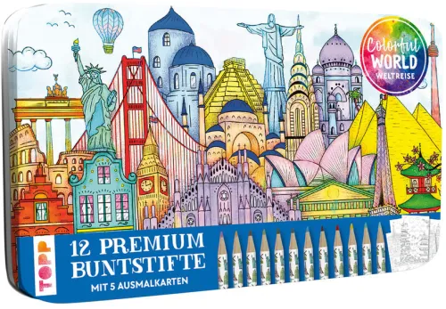 frechverlag GmbH Buntstifte-Colorful World Weltreise Designdose mit 12 Buntstiften