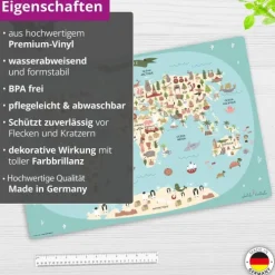 Schreibtischunterlage für Kinder Weltkarte in französisch blau, aus hochwertigem Vinyl , 60 x 40 cm*Cover-your-desk Hot