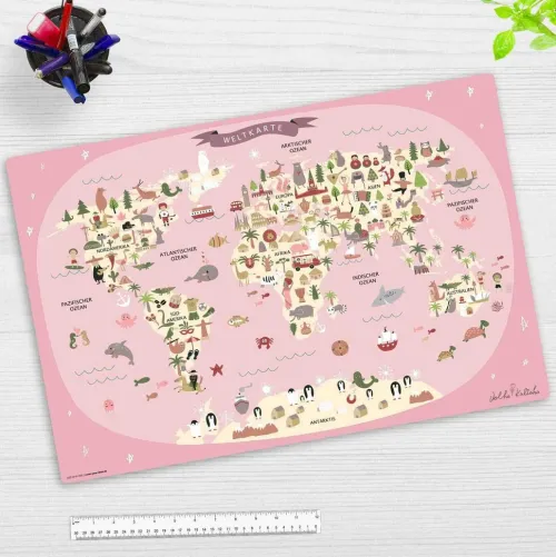 Schreibtischunterlage für Kinder Weltkarte in rosa mit Tieren in deutsch, aus hochwertigem Vinyl , 60 x 40 cm*Cover-your-desk Outlet