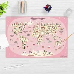 Schreibtischunterlage für Kinder Weltkarte in rosa mit Tieren in deutsch, aus hochwertigem Vinyl , 60 x 40 cm*Cover-your-desk Outlet