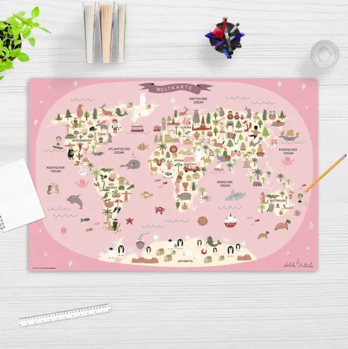 Schreibtischunterlage für Kinder Weltkarte in rosa mit Tieren in deutsch, aus hochwertigem Vinyl , 60 x 40 cm*Cover-your-desk Outlet