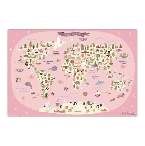 Schreibtischunterlage für Kinder Weltkarte in rosa mit Tieren in deutsch, aus hochwertigem Vinyl , 60 x 40 cm*Cover-your-desk Outlet