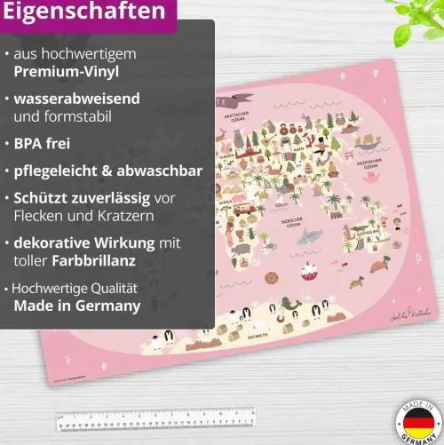 Schreibtischunterlage für Kinder Weltkarte in rosa mit Tieren in deutsch, aus hochwertigem Vinyl , 60 x 40 cm*Cover-your-desk Outlet