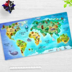 Schreibtischunterlage für Kinder und Erwachsene Weltkarte in deutsch mit vielen Tieren, aus hochwertigem Vinyl , 74 x 40 cm*Cover-your-desk Hot