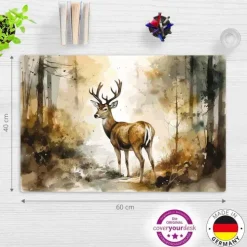 Cover-your-desk Schreibtischunterlagen-Schreibtischunterlage für Kinder Hirsch im Wald Aquarell, aus hochwertigem Vinyl, 60 x 40 cm