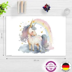 Cover-your-desk Schreibtischunterlagen-Schreibtischunterlage für Kinder Regenbogen Einhorn Aquarel, aus hochwertigem Vinyl, 60 x 40 cm