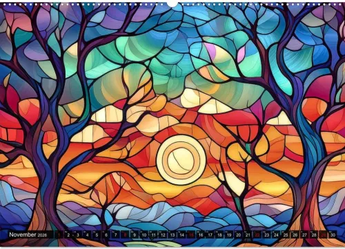 Calvendo Wandkalender*Der Jahreskreis auf Buntglasfenstern (Wandkalender 2026 DIN A2 quer), Monatskalender