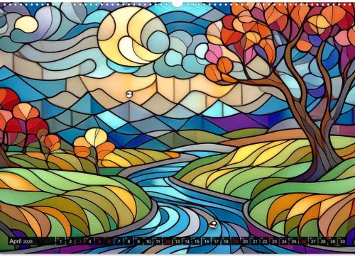 Calvendo Wandkalender*Der Jahreskreis auf Buntglasfenstern (Wandkalender 2026 DIN A2 quer), Monatskalender