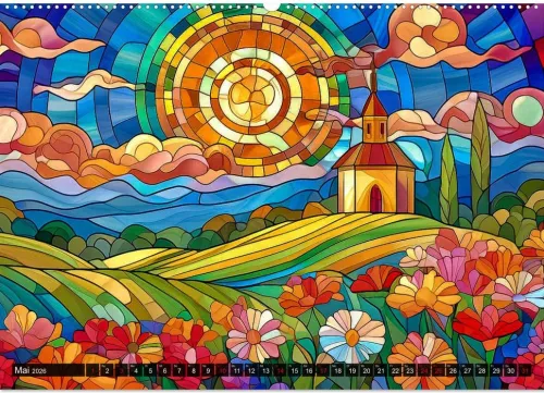 Calvendo Wandkalender*Der Jahreskreis auf Buntglasfenstern (Wandkalender 2026 DIN A2 quer), Monatskalender