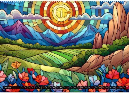 Calvendo Wandkalender*Der Jahreskreis auf Buntglasfenstern (Wandkalender 2026 DIN A2 quer), Monatskalender