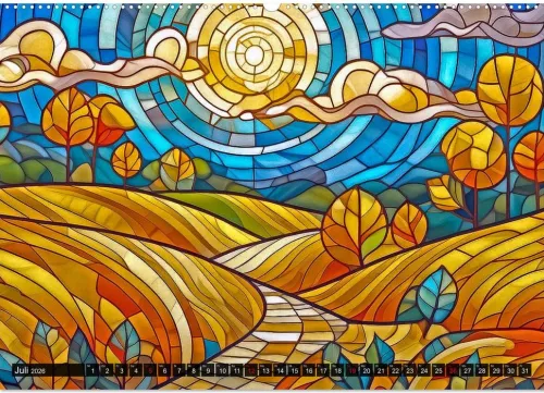 Calvendo Wandkalender*Der Jahreskreis auf Buntglasfenstern (Wandkalender 2026 DIN A2 quer), Monatskalender