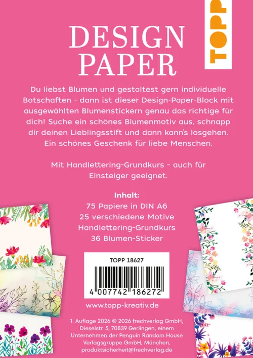 frechverlag GmbH Bastelpapier & Origami|Kalligraphie & Handlettering-Design Paper Just Flowers A6 mit Blumen-Stickern