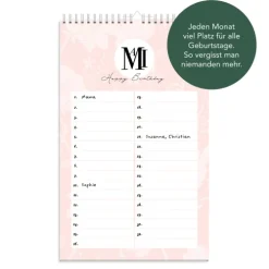 NOVA MD Immerwährender Kalender-Geburtstagskalender immerwährend | Jahresunabhängiger Kalender für Geburtstage in rosa | Geburtstagsübersicht zum Aufhängen mit Spiralbindung für die Familie und fürs Büro