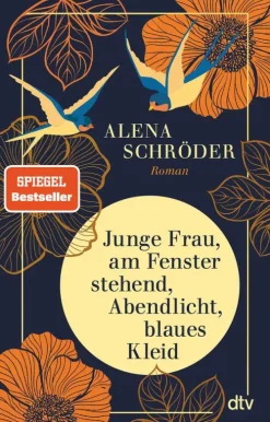 dtv Verlagsgesellschaft Romane & Erzählungen|Historische Romane-Junge Frau, am Fenster stehend, Abendlicht, blaues Kleid
