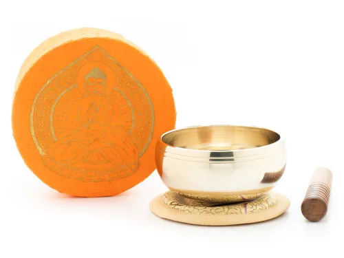 Klangschalen-Center Achtsamkeit & Gesundheit*Kleine hochglanz Klangschale in orangefarbiger Box mit Buddha-Aufdruck