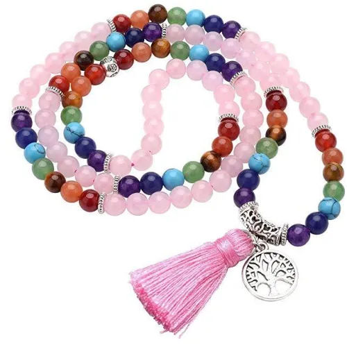 Mala "Chakra Lebensbaum" 108 Rosenquarz- und Chakra Edelsteine mit Metall Anhänger*Saraswati Best