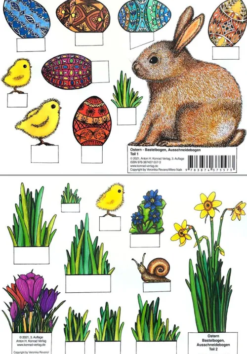 Konrad Anton Bastelpapier & Origami*Ostern - Bastelbogen, Ausschneidebogen: Osterhase, Ostereier, Küken und Blumen zum Basteln.