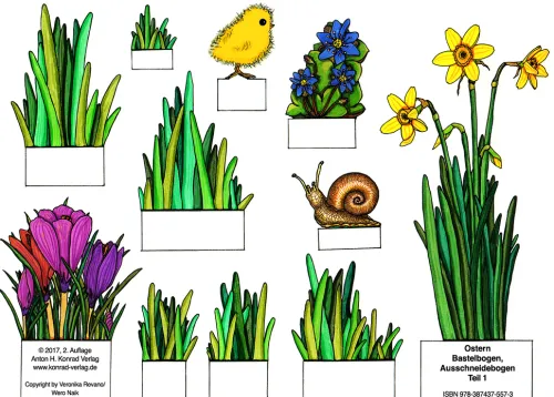 Konrad Anton Bastelpapier & Origami*Ostern - Bastelbogen, Ausschneidebogen: Osterhase, Ostereier, Küken und Blumen zum Basteln.