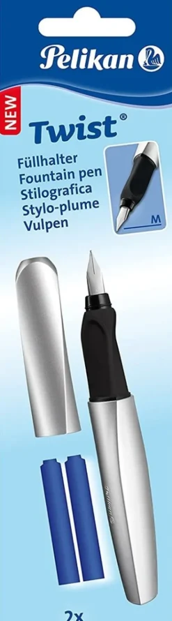 Pelikan Füller & Tinte-Füller Twist, Feder M, Silver, universell für Rechts- und Linkshänder