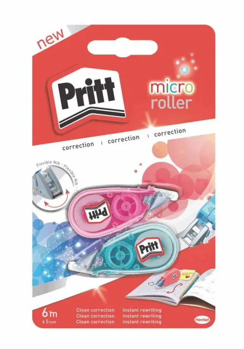Henkel Klebstoff & Klebebänder-Pritt Kleben Pritt Korrektur Micro Roller, 2 × 5 mm, pink und blau