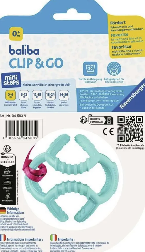 Ravensburger Spieleverlag Baby & Kleinkind-Ravensburger 4583 baliba Clip & Go - Flexibler Ball mit Befestigung für Greif- und Beißspaß unterwegs - Baby Spielzeug ab 0 Monaten - türkis