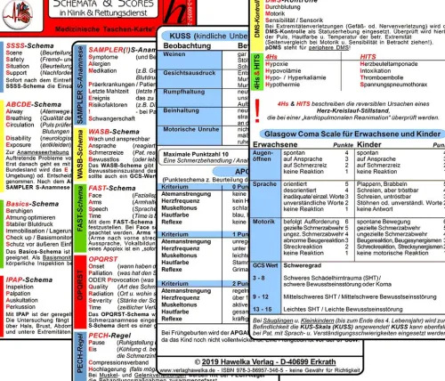 Hawelka, Verlag Medizin-Schemata & Scores in Klinik & Rettungsdienst (2 Karten Set) - SSSS-Schema, ABCDE-Schema, Basics-Schema, IPAP-Schema, SAMPLER(!)S, WASB, FAST, OPQRST, PECH-Regel, DMS, 4Hs, HITS, GCS, KUSS, APGAR