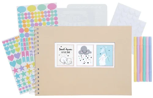 Quo Vadis Dekoration & Einrichtung-Scrapbooking-Set, Fotoalbum mit Spiralbindung, 50 Seiten weiß, 32x22 cm + Stifte, Sticker, Schablonen, Fotoecken