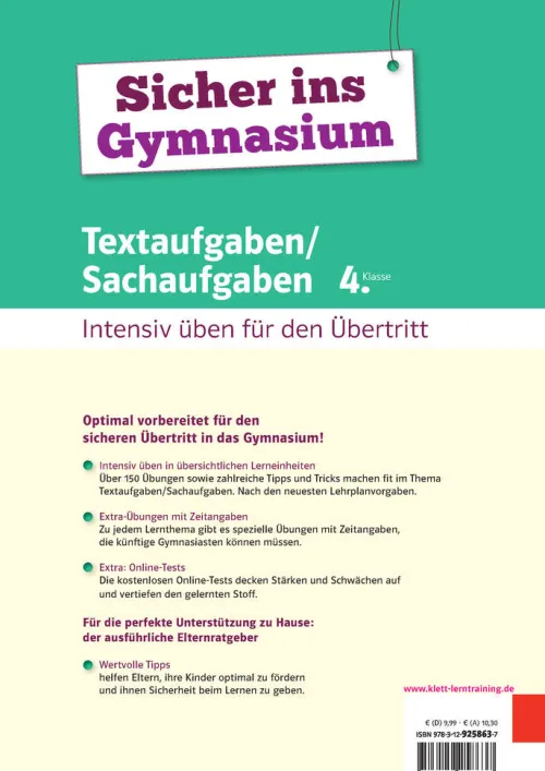 Sicher ins Gymnasium Textaufgaben/Sachaufgaben 4. Klasse*Klett Lerntraining Sale