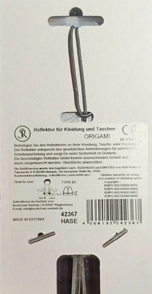 Bookchair Vertrieb Bastelpapier & Origami*Softreflector ORIGAMI (Hase) Reflektor für Taschen und Kleidung