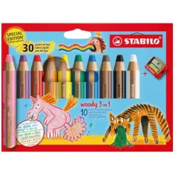 STABILO Buntstifte*Buntstift Wasserfarbe & Wachsmalkreide woody 3 in 1, Jubiläumsedition, 10er Set + Spitzer, 10 Farben