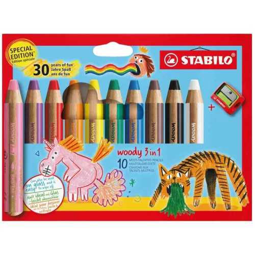 STABILO Buntstifte*Buntstift Wasserfarbe & Wachsmalkreide woody 3 in 1, Jubiläumsedition, 10er Set + Spitzer, 10 Farben