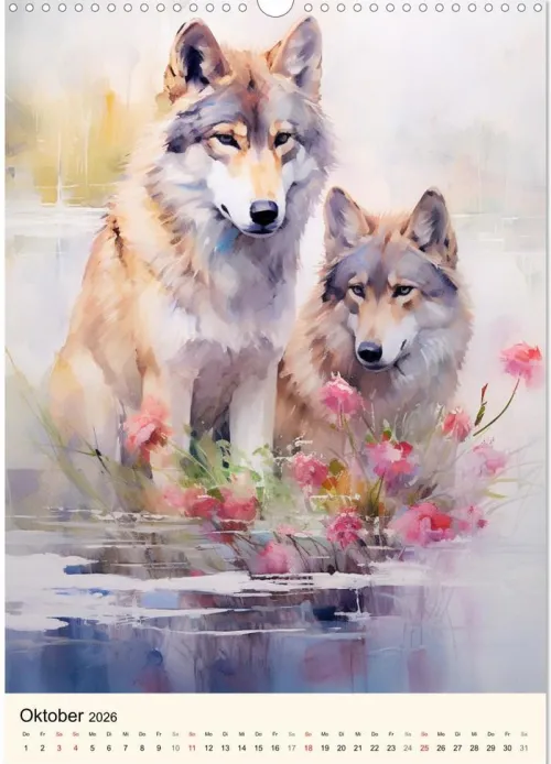 Calvendo Wandkalender-Wölfe. Zarte Aquarelle von beeindruckenden Tieren (Wandkalender 2026 DIN A3 hoch), Monatskalender